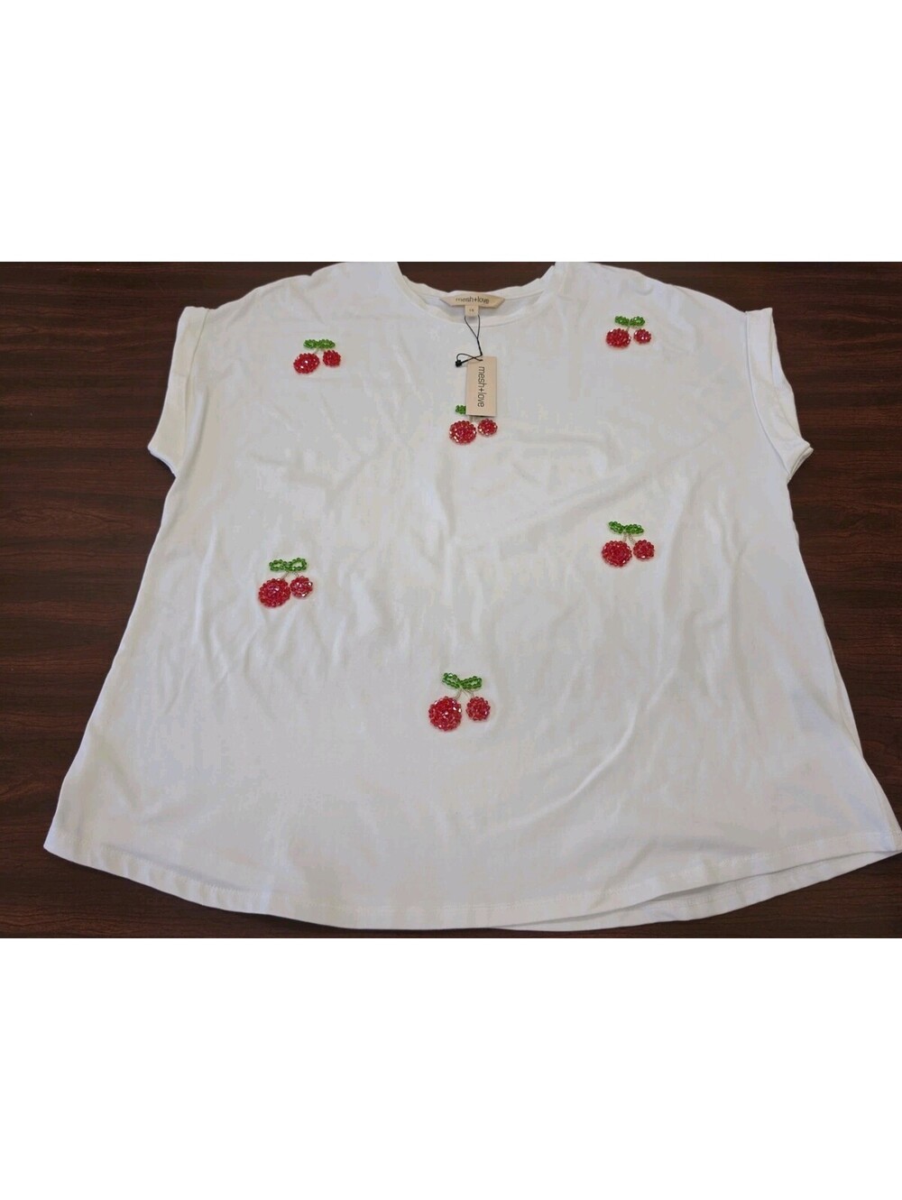Mesh & Love NWT 1X White 3D Crystal Beaded Cherry Top Plus Cottagecore Whimsy